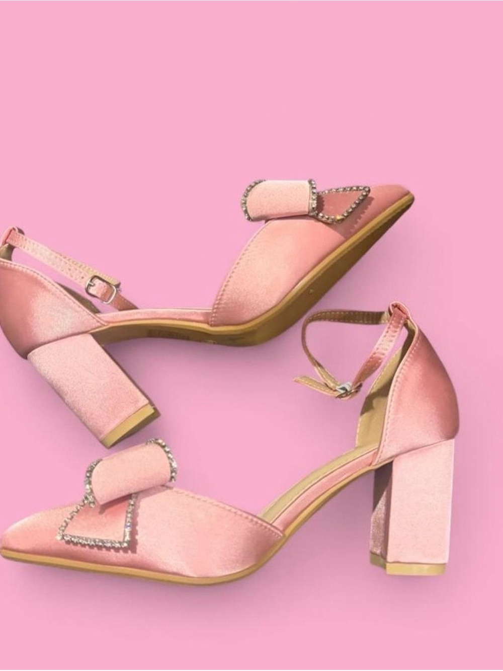 Women’s Pink Satin Bow Ankle-Strap Pointed-Toe Heels - Picture 3 of 5